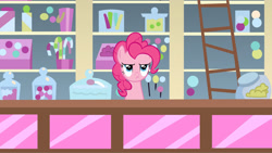 Size: 1363x767 | Tagged: safe, pinkie pie, earth pony, pony, annoyed, female, mare, pink coat, solo, sugarcube corner