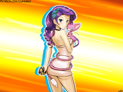 Size: 1000x750 | Tagged: safe, artist:lumineko, rarity, human, ass, blushing, clothes, crossover, ear piercing, earring, eyeshadow, flower, glameow, humanized, jewelry, long hair, looking at you, makeup, piercing, pokéball, pokémon, purple hair, smiling, tail