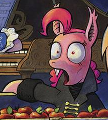 Size: 215x238 | Tagged: safe, artist:andypriceart, pinkie pie, earth pony, pony, spoiler:comic, comic cover, dracula: dead and loving it, implied reference, leslie nielsen, outfit catalog, pinkiebat, solo, vampinkie pie