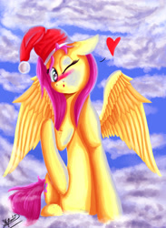 Size: 3000x4096 | Tagged: safe, artist:xskytheartist, fluttershy, pegasus, pony, hat, heart, looking at you, santa hat, solo