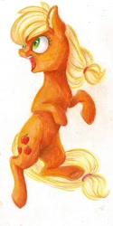 Size: 471x943 | Tagged: safe, artist:theorderofalisikus, applejack, earth pony, pony, chest fluff, ear fluff, hatless, missing accessory, smiling, solo, traditional art