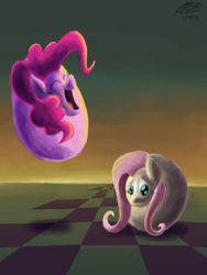 Size: 1024x1365 | Tagged: safe, artist:loreto-arts, fluttershy, pinkie pie, earth pony, pegasus, pony, bouncy ball, surreal