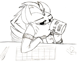 Size: 1300x1063 | Tagged: safe, artist:iyatsu, derpibooru import, spitfire, clothes, coffee mug, desk, jacket, monochrome, not impressed, pencil drawing, solo, traditional art, wings