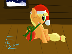 Size: 1400x1050 | Tagged: safe, artist:frecklesfanatic, applejack, earth pony, pony, apple, christmas, filly applejack, freckles, hat, present, santa hat, winter