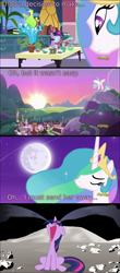 Size: 1920x4360 | Tagged: safe, artist:eagle1division, artist:mandydax, edited screencap, screencap, princess celestia, twilight sparkle, unicorn twilight, alicorn, pony, unicorn, celestial advice, absurd resolution, bad end, banishment, canterlot, comic, crying, dark comedy, female, filly, filly twilight sparkle, goggles, mare, moon, ocular gushers, open mouth, plant, sad, safety goggles, screencap comic, sitting, sunset, to the moon, volumetric mouth