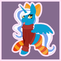 Size: 2000x2000 | Tagged: safe, artist:kalimoo-art, oc, oc:fleurbelle, alicorn, pony, :p, alicorn oc, autumn, bow, clothes, cute, female, golden eyes, hair bow, mare, socks, striped socks, sweater, thigh highs, tongue out