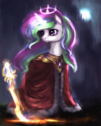 Size: 2480x3102 | Tagged: safe, artist:elkaart, princess celestia, alicorn, pony, clothes, crown, female, high res, jewelry, mare, regalia, robe, solo, sword, weapon