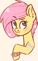 Size: 796x1266 | Tagged: safe, artist:tanklol, fluttershy, pegasus, pony, alternate hairstyle, alternate universe, bust, ear piercing, looking at you, mean, piercing, simple background, solo, spiked wristband, tattoo