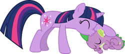 Size: 1362x586 | Tagged: safe, artist:porygon2z, derpibooru import, spike, twilight sparkle, dragon, forehead kiss, kissing, mama twilight, simple background, sleeping, spikelove, transparent background, vector