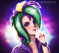 Size: 1800x1625 | Tagged: safe, artist:bellheller, rarity, human, it isn't the mane thing about you, alternate hairstyle, clothes, humanized, looking at you, punk, raripunk, short hair, smiling, solo