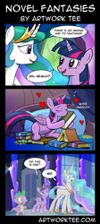 Size: 2792x6232 | Tagged: safe, artist:drawponies, artist:ecartoonman, princess celestia, spike, twilight sparkle, twilight sparkle (alicorn), alicorn, dragon, pony, celestial advice, absurd resolution, bibliophile, book, cargo ship, comic, dialogue, eyes closed, female, heart, kissing, meme origin, open mouth, shipping, speech bubble, that pony sure does love books, there is no wrong way to fantasize, twibook, wide eyes