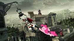 Size: 600x337 | Tagged: safe, artist:krystal, pinkie pie, earth pony, pony, assassin's creed, crossover, ezio auditore, rome, swinging