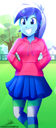 Size: 820x1860 | Tagged: safe, artist:the-butch-x, derpibooru import, minuette, equestria girls, clothes, commission, crepuscular rays, cute, equestria girls-ified, grin, hands in pockets, hoodie, minubetes, moe, pantyhose, pleated skirt, signature, skirt, smiling, soccer field, solo, striped pantyhose