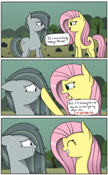 Size: 1200x1943 | Tagged: safe, artist:vanillaghosties, fluttershy, marble pie, earth pony, pegasus, pony, boop, comic, duo, duo female, eye contact, female, jealous, looking at each other, mare, sweat