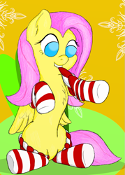 Size: 549x768 | Tagged: safe, artist:twigglyknob, fluttershy, pegasus, pony, chest fluff, clothes, mouth hold, sitting, socks, solo, striped socks