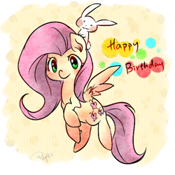 Size: 500x500 | Tagged: safe, artist:phyllismi, angel bunny, fluttershy, pegasus, pony, duo, flying, happy birthday, simple background