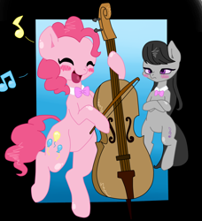 Size: 932x1024 | Tagged: safe, artist:ayahana, artist:krazykari, octavia melody, pinkie pie, earth pony, pony, abstract background, bipedal, blushing, bowtie, cello, duo, music notes, musical instrument, unamused