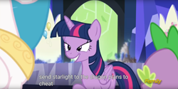 Size: 1920x960 | Tagged: safe, screencap, princess celestia, spike, twilight sparkle, twilight sparkle (alicorn), alicorn, dragon, pony, celestial advice, cutie map, friendship throne, meme, youtube caption, youtube link