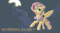 Size: 2000x1125 | Tagged: safe, artist:dirtytimi, fluttershy, pegasus, pony, armor, cavalry, cloud, flying, helmet, moon, pixiv, solo, spread wings