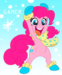 Size: 500x609 | Tagged: safe, artist:viddi32, pinkie pie, pony, bipedal, clothes, open mouth, scarf, snow, snowfall, solo, winter