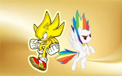 Size: 3028x1888 | Tagged: safe, artist:brandonale, derpibooru import, rainbow dash, pegasus, pony, copy and paste, crossover, sonic the hedgehog, sonic the hedgehog (series), super form, super rainbow dash, super sonic