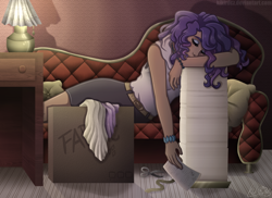 Size: 2400x1743 | Tagged: safe, artist:kikirdcz, rarity, human, belt, clothes, eyes closed, humanized, paper, signature, skirt, sleeping, sofa, solo, tired