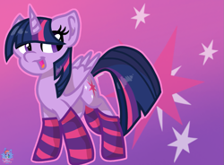 Size: 1375x1012 | Tagged: safe, artist:rainbow eevee, twilight sparkle, twilight sparkle (alicorn), alicorn, clothes, cute, cutie mark, cutie mark background, gradient background, open mouth, simple background, socks, solo, stockings, striped socks, thigh highs, wallpaper