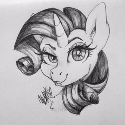 Size: 2448x2448 | Tagged: safe, artist:ivory crescent, rarity, pony, unicorn, bust, chest fluff, ear fluff, monochrome, portrait, simple background, sketch, solo, traditional art, white background