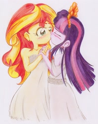 Size: 2378x3004 | Tagged: safe, artist:steg-o, sunset shimmer, twilight sparkle, equestria girls, blushing, clothes, crying, dress, female, lesbian, marriage, shipping, sunsetsparkle, tears of joy, wedding, wedding dress