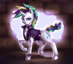 Size: 3000x2613 | Tagged: safe, artist:souladdicted, rarity, pony, unicorn, it isn't the mane thing about you, alternate hairstyle, clothes, ear piercing, female, mare, piercing, punk, raised hoof, raripunk, short hair, smiling, solo