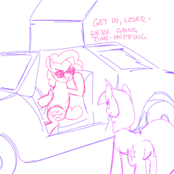 Size: 700x700 | Tagged: safe, artist:goat train, derpibooru import, pinkie pie, twilight sparkle, earth pony, pony, back to the future, car, delorean, mean girls, sketch, sunglasses