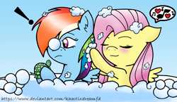 Size: 1042x605 | Tagged: safe, artist:khaotixdreamfd, derpibooru import, fluttershy, rainbow dash, pegasus, pony, bath, bubble, bubble bath, cute, daaaaaaaaaaaw, dashabetes, female, flutterdash, lesbian, shipping, shyabetes