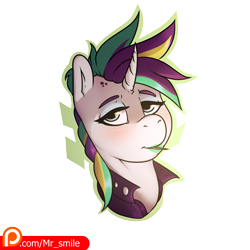 Size: 4000x4000 | Tagged: safe, artist:mr.smile, rarity, pony, unicorn, alternate hairstyle, blushing, clothes, eyeshadow, female, lipstick, looking at you, makeup, mare, patreon, patreon logo, punk, raripunk, simple background, solo, toothpick, transparent background
