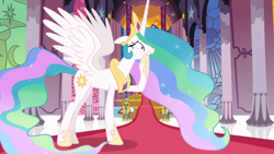 Size: 1920x1080 | Tagged: safe, screencap, princess celestia, alicorn, pony, unicorn, celestial advice, nervous, panic, royal guard, solo focus, stained glass, throne room