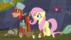 Size: 1122x632 | Tagged: safe, screencap, fluttershy, sprig hooffield, bird, chipmunk, duck, earth pony, ferret, mouse, pegasus, pony, squirrel, the hooffields and mccolts, animal, braid, braided tail, clothes, critters, female, hooffield family, house finch, johnny appleseed, male, mare, pot, stallion