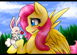 Size: 1024x731 | Tagged: safe, artist:felix-tamaki, fluttershy, pegasus, pony, rabbit, blushing, flower, solo