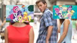 Size: 1022x574 | Tagged: safe, derpibooru import, applejack, fluttershy, pinkie pie, rainbow dash, rarity, spike, twilight sparkle, twilight sparkle (alicorn), alicorn, dragon, earth pony, pegasus, pony, unicorn, g4, my little pony: pony life, distracted boyfriend meme