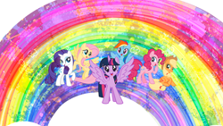 Size: 2560x1440 | Tagged: safe, derpibooru import, applejack, fluttershy, pinkie pie, rainbow dash, rarity, twilight sparkle, twilight sparkle (alicorn), alicorn, earth pony, pegasus, pony, unicorn, mane six, official, rainbow, youtube banner