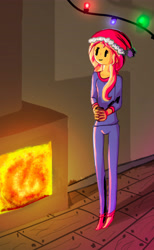 Size: 3355x5458 | Tagged: safe, sunset shimmer, equestria girls, christmas, cup, female, fiery shimmer, fireplace, happy new year, hat, holiday, santa hat, smiling, solo