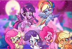 Size: 893x608 | Tagged: safe, artist:yojohcookie, derpibooru import, applejack, fluttershy, pinkie pie, rainbow dash, rarity, twilight sparkle, twilight sparkle (alicorn), alicorn, earth pony, pegasus, pony, unicorn, my little pony: pony life, caption, chibi, cute, female, group, mane six, text