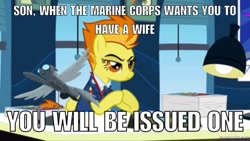 Size: 750x422 | Tagged: safe, derpibooru import, screencap, spitfire, chesty puller, image macro, marines, marriage, meme, quote, solo