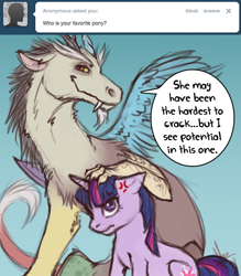 Size: 500x571 | Tagged: safe, derpibooru import, discord, twilight sparkle, ask, ask lord discord, tumblr