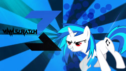 Size: 1280x720 | Tagged: safe, artist:achopony14, artist:silentmatten, derpibooru import, dj pon-3, vinyl scratch, pony, unicorn, cutie mark, female, hooves, horn, logo, mare, red eyes, smiling, solo, teeth, text, vector, wallpaper