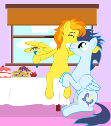 Size: 3376x3824 | Tagged: safe, artist:angina pectoris, derpibooru import, soarin', spitfire, pony, apple, blueberries, breakfast, cake, cute, feeding, female, food, fork, kissing, male, pancakes, plate, shipping, sitting, smiling, soarinfire, straight, strawberry, table, window