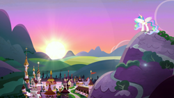 Size: 1920x1080 | Tagged: safe, screencap, princess celestia, alicorn, pony, celestial advice, canterlot, female, mare, mountain, scenery, solo, spread wings, sun, sun work, sunset, wings