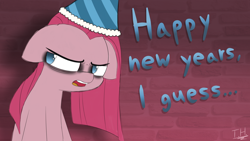 Size: 3840x2160 | Tagged: safe, artist:fakskis, pinkie pie, earth pony, pony, annoyed, floppy ears, happy new year, hat, killjoy, new year, open mouth, party hat, pinkamena diane pie, solo, text