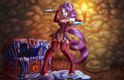 Size: 1275x825 | Tagged: safe, artist:bumblebun, part of a set, rarity, anthro, goo, unguligrade anthro, unicorn, abstract background, clothes, commission, dagger, digital art, evening gloves, fantasy class, female, fetish, gloves, horn, knife, long gloves, mare, rogue, slime, smiling, socks, solo, thigh highs, treasure chest, weapon, zettai ryouiki