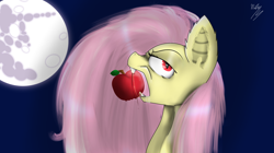 Size: 2560x1438 | Tagged: safe, artist:michyfactory, fluttershy, bat pony, pony, apple, flutterbat, food, mare in the moon, moon, solo