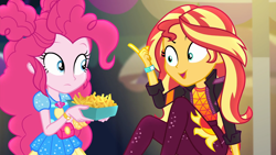 Size: 1920x1080 | Tagged: safe, screencap, pinkie pie, sunset shimmer, better together, equestria girls, sunset's backstage pass!, clothes, duo, duo female, female, food, french fries, geode of sugar bombs, hair bun, jacket, magical geodes, music festival outfit, outdoors