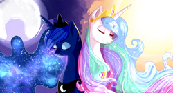 Size: 5000x2700 | Tagged: safe, artist:hikarie-katsura, princess celestia, princess luna, alicorn, pony, absurd resolution, bust, duo, eyes closed, female, full moon, mare, moon, portrait, royal sisters, sisters, sun